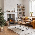 Gezellige woonkamer met alternatieve kerstboom van eucalyptustakken in een zwarte industriële vaas, cognackleurige leren bank met mosterdgele dekens, houten salontafel met brandende kaarsen en witgekalkte bakstenen muur, warme avondverlichting en een hygge sfeer.