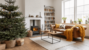 Gezellige woonkamer met alternatieve kerstboom van eucalyptustakken in een zwarte industriële vaas, cognackleurige leren bank met mosterdgele dekens, houten salontafel met brandende kaarsen en witgekalkte bakstenen muur, warme avondverlichting en een hygge sfeer.