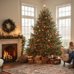 Gezellige Nederlandse woonkamer met versierde kerstboom, warme LED-verlichting, rood-gouden kerstballen, familie op cremekleurige bank, vintage fauteuils, Perzisch tapijt en grote ramen die zachte winterzon binnenlaten.