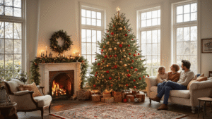 Kerstboom Versieren: Dé Ultieme Gids voor een Betoverende Kerstsfeer Gezellige Nederlandse woonkamer met versierde kerstboom, warme LED-verlichting, rood-gouden kerstballen, familie op cremekleurige bank, vintage fauteuils, Perzisch tapijt en grote ramen die zachte winterzon binnenlaten.