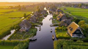 Aerial view of Giethoorn village in the Netherlands, showcasing traditional thatched-roof farmhouses, narrow canals, wooden bridges, and small boats on reflective water, surrounded by lush gardens, with golden hour lighting creating warm reflections, capturing the peaceful countryside atmosphere.