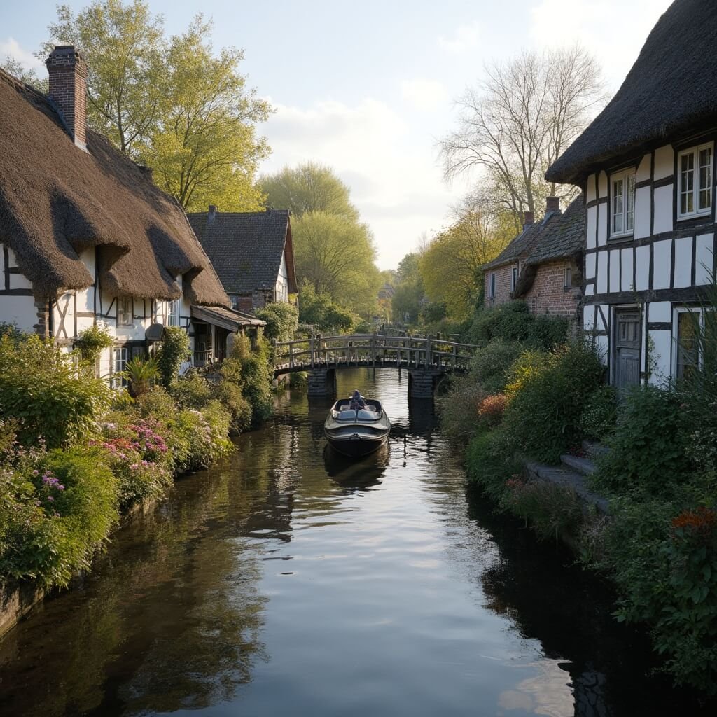 Picturesque village scene in Giethoorn featuring traditional thatched-roof farmhouses along a tranquil canal, with a whisper boat gliding through the narrow waterway, lush gardens adorned with colorful flowers, wooden footbridges connecting cottages, and reflections of medieval architecture on the water, all under a warm golden glow of late afternoon light.