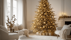 De Ultieme Gids voor een Gouden Kerstboom: Luxe en Warmte in Één Stijl Gouden kerstboom van 2.5 meter in luxueuze woonkamer met warmwitte verlichting, metallic kerstballen, en elegante decoraties.