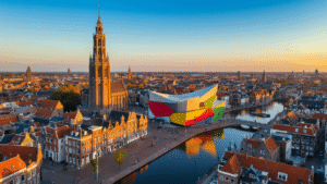 Ontdek de Verborgen Schatten van Groningen: Een Onvergetelijke Reis door Cultuur, Natuur en Avontuur Aerial view of Groningen city center featuring the Martinitoren tower, Groninger Museum, traditional canal houses, Noorderplantsoen park, and cobblestone streets during golden hour, highlighting the blend of medieval and contemporary architecture.