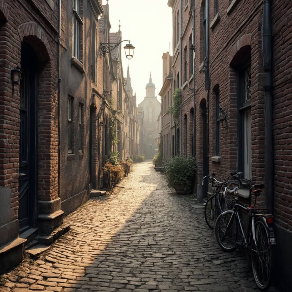 Ontdek de Verborgen Schatten van Groningen: Een Onvergetelijke Reis door Cultuur, Natuur en Avontuur Hyperrealistisch beeld van een charmante middeleeuwse straat in Groningen, smalle cobblestone pad tussen traditionele bakstenen gebouwen met verfijnde ramen, zacht warm middaglicht dat lange schaduwen werpt, fietsen leunend tegen historische gevels, geen mensen zichtbaar, zeer gedetailleerde architectonische texturen, authentieke 17e-eeuwse stedelijke landschapsfotografie stijl.