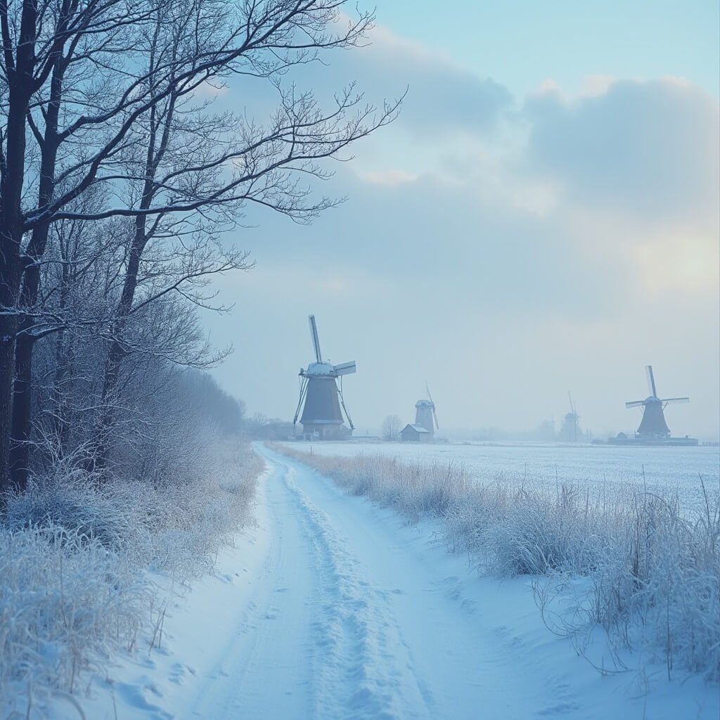 Ontdek de Verborgen Schatten van Groningen: Een Onvergetelijke Reis door Cultuur, Natuur en Avontuur Episch winterlandschap van het Groningse platteland met besneeuwde velden en verre windmolens onder een zachte blauw-grijze schemerlucht, kale bomen op de voorgrond die dramatische silhouetten creëren.