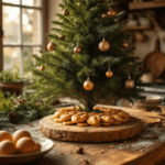 Hartige bladerdeeg kerstboom met tapenade op een rustiek houten aanrecht, omringd door verse kruiden en aardewerken schalen, warm belicht in gouden uren voor een feestelijke sfeer.