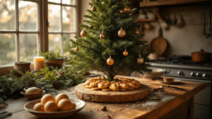 Hartige bladerdeeg kerstboom met tapenade op een rustiek houten aanrecht, omringd door verse kruiden en aardewerken schalen, warm belicht in gouden uren voor een feestelijke sfeer.