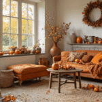 Gezellige woonkamer in Nederland met handgemaakte herfstdecoraties, natuurlijke materialen op rustieke achtergrond, kastanjebruine leren bank met oranje kussens, houten salontafel vol herfstbladeren en dennenappels, warm licht door de ramen, vintage accenten en textuurrijke elementen.