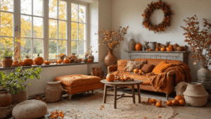 Gezellige woonkamer in Nederland met handgemaakte herfstdecoraties, natuurlijke materialen op rustieke achtergrond, kastanjebruine leren bank met oranje kussens, houten salontafel vol herfstbladeren en dennenappels, warm licht door de ramen, vintage accenten en textuurrijke elementen.
