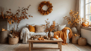 Herfst Knutselen: Creatieve Seizoensdecoratie voor het Hele Gezin Gezellige woonkamer met warme herfstdecoraties, houten salontafel vol knutselmaterialen, zachte bank met wollen plaids, rieten manden en handgemaakte herfstkrans, verlicht door warm gouden licht.