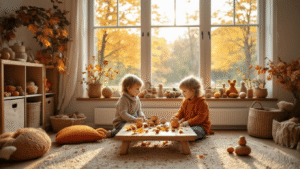 Knutselen met kinderen in de herfst: Creatieve avonturen met natuurlijke materialen Gezellige Scandinavische kinderkamer met herfstmaterialen en handgemaakte knutselwerkjes, verlicht door warme namiddagzon.