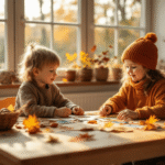 Gezellige speelkamer voor kinderen met een lage houten tafel, kleurrijke kussens en knutselmaterialen zoals herfstbladeren en kastanjes, verlicht door warm ochtendlicht.