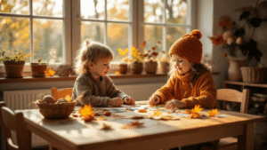 Herfstknutselen met Kleuters: Creatief Aan de Slag met Bladeren en Natuurlijke Materialen Gezellige speelkamer voor kinderen met een lage houten tafel, kleurrijke kussens en knutselmaterialen zoals herfstbladeren en kastanjes, verlicht door warm ochtendlicht.