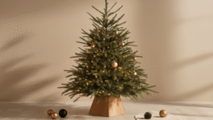Elegante houten kerstboom in natuurlijk eikenhout met warm LED-licht, versierd met matte zwarte en koperen kerstballen, op een neutrale beige achtergrond, benadrukt door professionele verlichting en een moderne Scandinavische esthetiek.