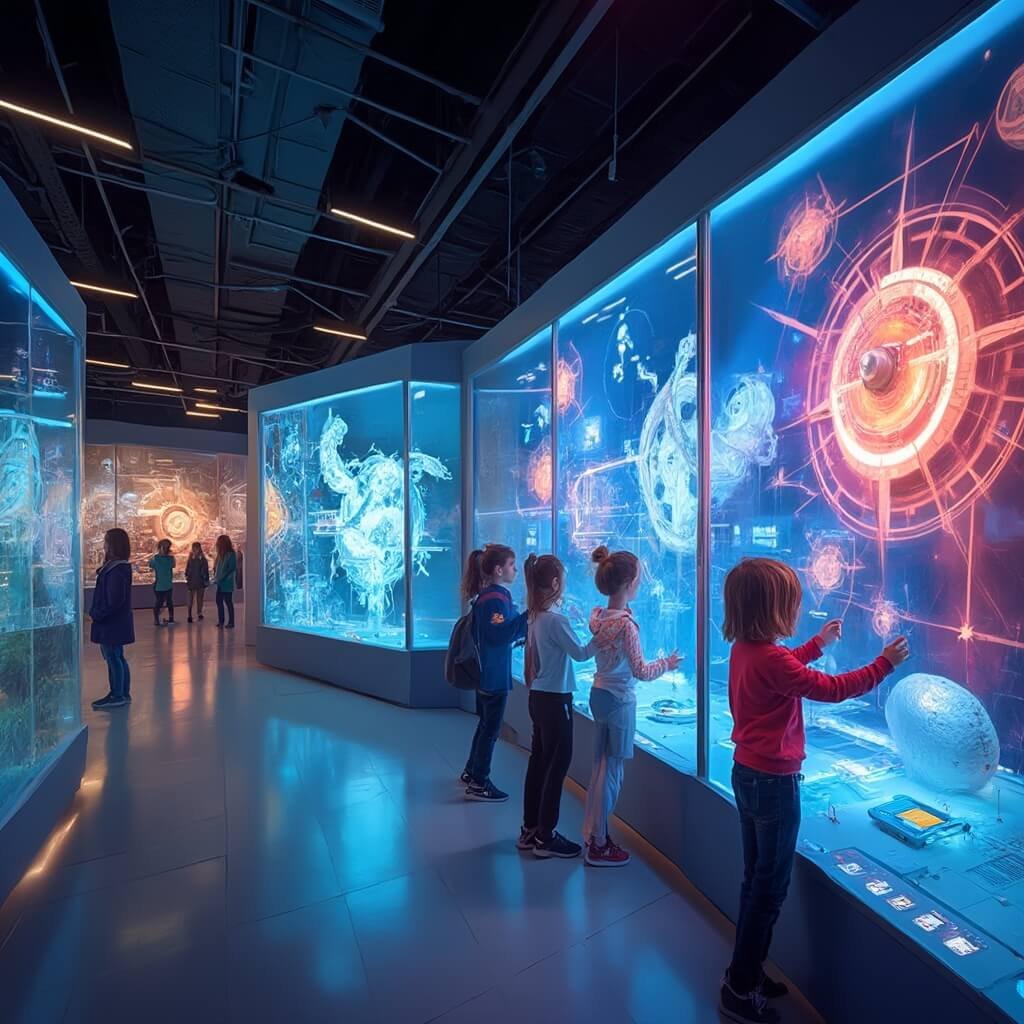 Interactieve wetenschappelijk museuminterieur met kinderen die technologische tentoonstellingen verkennen, heldere kleurrijke experimentele stations, moderne leeromgeving, jonge studenten in casual kleding, hands-on wetenschapsdisplays, dynamische verlichting, transparante interactieve schermen, futuristische leeromgeving in de stijl van Technopolis Mechelen, schoon architectonisch ontwerp en een boeiende wetenschappelijke omgeving.