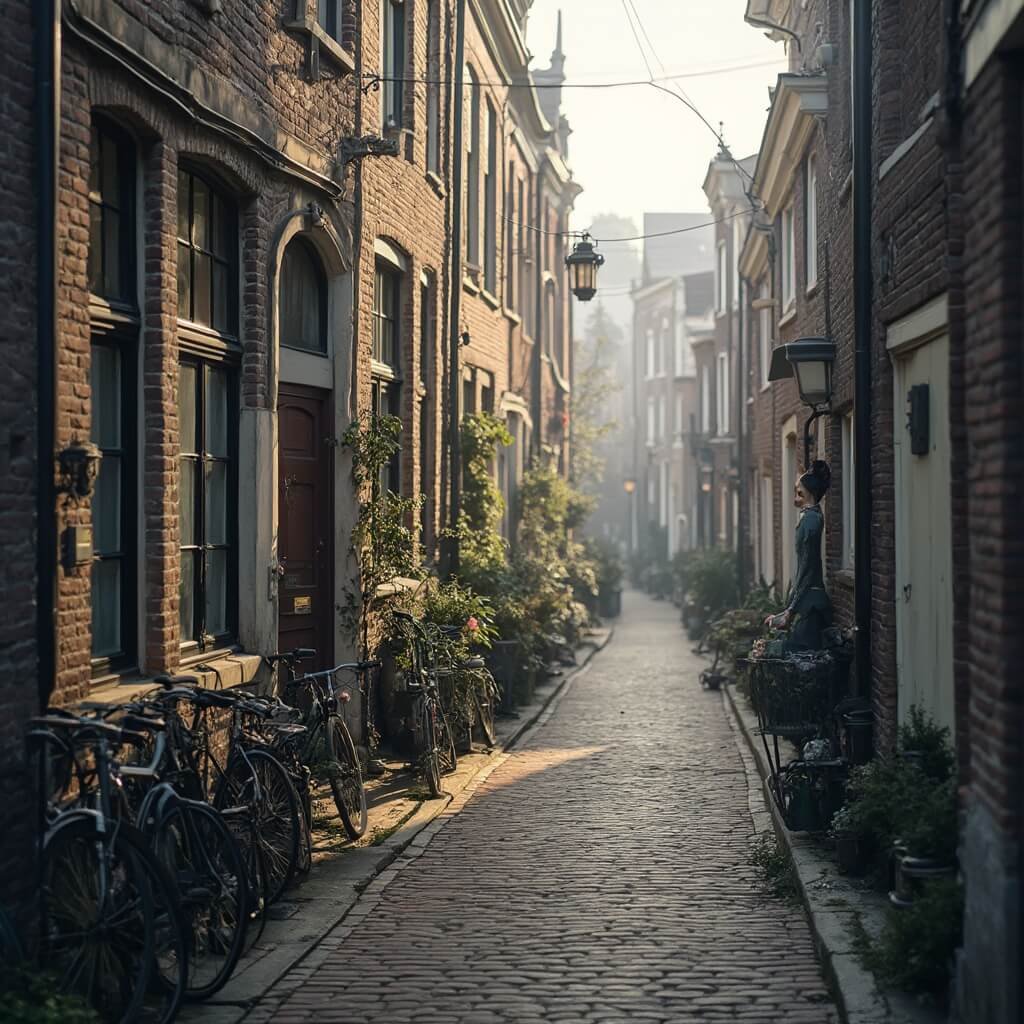 Intieme straatscene in de Jekerkwartier, oude Nederlandse architectuur