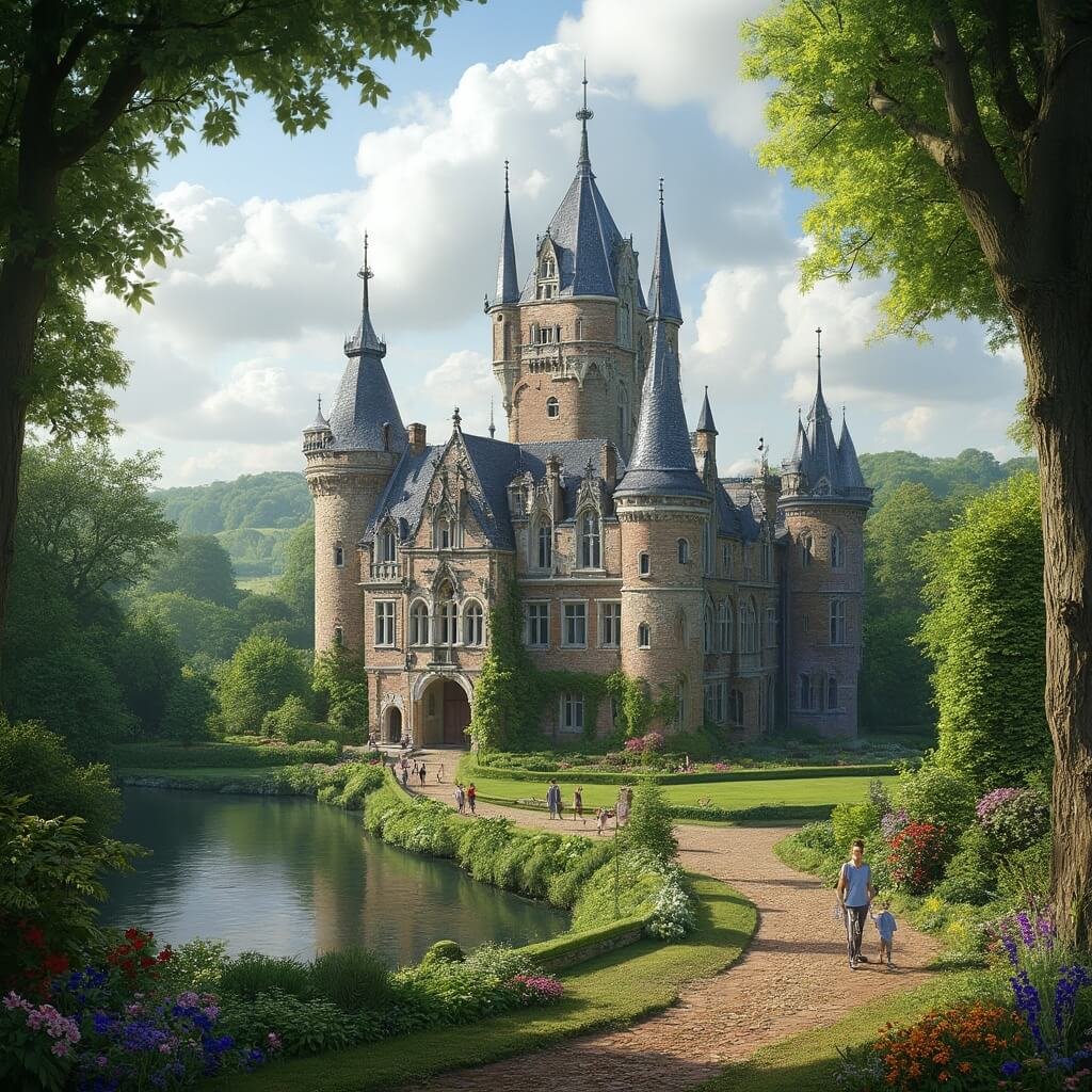 Enchanting Kasteel de Haar castle with neo-Gothic towers surrounded by lush gardens, families exploring the grounds, colorful flower beds, and a moat reflecting the impressive fortress under cloudy skies.