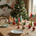 Gezellige knutselwerkplaats voor kinderen met groene ijsstokjes, kleurrijke pompons en glitter op een houten tafel, omringd door kinderstoelen en versieringen aan de muur.