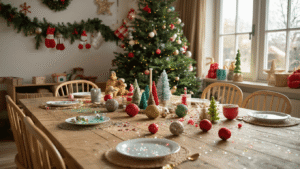 Leuke en Eenvoudige Kerstknutselprojecten voor Kleuters: Creatief Plezier met Kerstmis Gezellige knutselwerkplaats voor kinderen met groene ijsstokjes, kleurrijke pompons en glitter op een houten tafel, omringd door kinderstoelen en versieringen aan de muur.