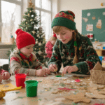 Een warm verlicht klaslokaal waar kinderen handafdruk-kerstbomen maken met groene verf en gouden glitters, omringd door kleurrijke knutselmaterialen en een sfeervolle leeshoek.