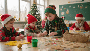 Een warm verlicht klaslokaal waar kinderen handafdruk-kerstbomen maken met groene verf en gouden glitters, omringd door kleurrijke knutselmaterialen en een sfeervolle leeshoek.
