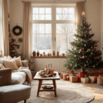Warme Nederlandse woonkamer met knutselhoek, eiken houten tafel vol kerstmaterialen, handgemaakte decoraties en sfeervolle kerstverlichting in zachte ochtendlicht.