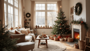 Warme Nederlandse woonkamer met knutselhoek, eiken houten tafel vol kerstmaterialen, handgemaakte decoraties en sfeervolle kerstverlichting in zachte ochtendlicht.