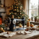 Gezellige Nederlandse woonkamer met vintage naaimachine en handgemaakte kerstrode kussens op een houten tafel, omringd door kerstdecoraties en creatief materiaal in warme tinten.