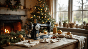 Gezellige Nederlandse woonkamer met vintage naaimachine en handgemaakte kerstrode kussens op een houten tafel, omringd door kerstdecoraties en creatief materiaal in warme tinten.
