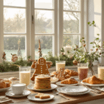 Rustieke kerstontbijttafel met kerststol, gingerbread pancakes, gevulde croissants, ontbijtmuffins en smoothies, omgeven door kerstgroen en sfeervolle decoraties in warme ochtendlicht.