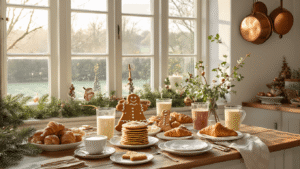 DIY Kerstontbijt: Creëer een Magische Ochtend vol Smaak en Gezelligheid Rustieke kerstontbijttafel met kerststol, gingerbread pancakes, gevulde croissants, ontbijtmuffins en smoothies, omgeven door kerstgroen en sfeervolle decoraties in warme ochtendlicht.