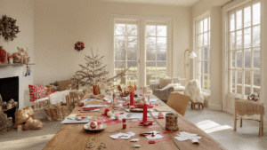 Warme woonkamer met een donkere houten eettafel vol knutselmaterialen zoals rood en wit papier, chenilledraad en scharen, met feestelijke papieren snoepjes en decoraties, in zachte middagochtendverlichting.