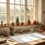 Een warm kunstatelier met een rustieke werkbank vol tekenmaterialen, zoals kleurpotloden, markers en aluminiumfolie, waar half voltooide kerstbal tekeningen elkaar afwisselen met vintage tekengereedschap in aardewerk potjes. Het interieur is verlicht door zachte ochtendzon, met crèmewitte muren en houten balken, en een uitnodigende beige fauteuil op de achtergrond.