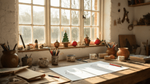 Een warm kunstatelier met een rustieke werkbank vol tekenmaterialen, zoals kleurpotloden, markers en aluminiumfolie, waar half voltooide kerstbal tekeningen elkaar afwisselen met vintage tekengereedschap in aardewerk potjes. Het interieur is verlicht door zachte ochtendzon, met crèmewitte muren en houten balken, en een uitnodigende beige fauteuil op de achtergrond.
