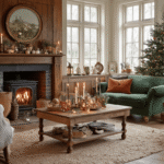 Warme woonkamer met antieke tafellampen en rustieke salontafel vol knutselmaterialen voor kerst, waaronder transparante kerstballen, glitterpotten en satijnen linten, in een gezellige winterse sfeer.