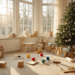 Sfeervolle Nederlandse kinderkamer met knutselmaterialen en zelfgemaakte kerstbomen, warm winterlicht, Scandinavische inrichting en gezellige kerstsfeer.
