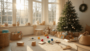 Sfeervolle Nederlandse kinderkamer met knutselmaterialen en zelfgemaakte kerstbomen, warm winterlicht, Scandinavische inrichting en gezellige kerstsfeer.