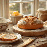 Een warme Nederlandse keuken met rustiek houten werkblad, ingrediënten voor kerstbrood, dampende rolls op bakplaat en een serveerplank met poedersuikerbestrooid kerstbrood, sfeervol verlicht door natuurlijk licht.
