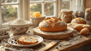 Een warme Nederlandse keuken met rustiek houten werkblad, ingrediënten voor kerstbrood, dampende rolls op bakplaat en een serveerplank met poedersuikerbestrooid kerstbrood, sfeervol verlicht door natuurlijk licht.