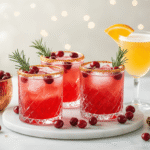 Cinematische close-up van elegante kerstcocktails en mocktails op een marmeren ondergrond, waaronder cranberry cocktails in koperen Moscow Mule bekers, granaatappel margarita glazen, romige eggnog martinis, en frisse mocktails met rozemarijn, verlicht door warme gouden tonen en versierd met kaneelstokjes en citroenschijfjes.