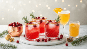 Cinematische close-up van elegante kerstcocktails en mocktails op een marmeren ondergrond, waaronder cranberry cocktails in koperen Moscow Mule bekers, granaatappel margarita glazen, romige eggnog martinis, en frisse mocktails met rozemarijn, verlicht door warme gouden tonen en versierd met kaneelstokjes en citroenschijfjes.
