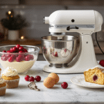 Detailopname van de bereiding van kerstcupcakes op een wit Carrara marmeren werkblad, met een kersenrode KitchenAid mixer, verse ingrediënten, siliconen cupcakevormpjes, en gouden cupcakes op een koelingrek, allemaal in een sfeervolle kerstkeuken met warme belichting.