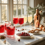Luxueuze Nederlandse keuken met marmeren werkblad, gevuld met verse cranberry's, sinaasappelschijven en kerstdrankjes in kristallen glazen, verlicht door warm ochtendlicht.