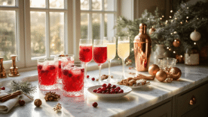 Luxueuze Nederlandse keuken met marmeren werkblad, gevuld met verse cranberry's, sinaasappelschijven en kerstdrankjes in kristallen glazen, verlicht door warm ochtendlicht.