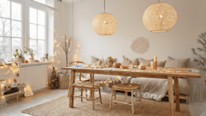 Gezellige Nederlandse woonkamer met sfeervolle verlichting, een houten eettafel vol knutselmaterialen voor kerstornamenten en een wintertuin op de achtergrond.