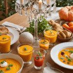 Elegante mahonie eettafel met kristallen kroonluchter, gevuld met kleurrijke kerstsoepjes in transparante glaasjes. Soepjes omvatten pompoen, tomaat-basilicum en bietensoep, verlicht door warme gouden gloed. Achtergrond met verse ingrediënten en luxe decor, perfecte kerstsfeer.