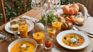 Elegante mahonie eettafel met kristallen kroonluchter, gevuld met kleurrijke kerstsoepjes in transparante glaasjes. Soepjes omvatten pompoen, tomaat-basilicum en bietensoep, verlicht door warme gouden gloed. Achtergrond met verse ingrediënten en luxe decor, perfecte kerstsfeer.