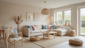 Creëer een Kindvriendelijk Interieur: Veilig, Stylish & Praktisch Moderne kindvriendelijke woonkamer met beige bank, zachte kussens, pluche vloerkleed en warme verlichting, ingericht voor veiligheid en gezelligheid.