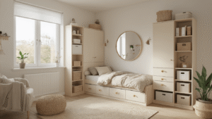 Slimme Opbergtips voor Kleine Kamers: Maximaliseer Elke Vierkante Meter Geoptimaliseerde kleine kamer met multifunctionele meubels, zoals een bed met lades en zwevende planken, in lichte kleuren en warme ochtendlichtinval, met ergonomische werkplek en groene planten voor een uitnodigende sfeer.